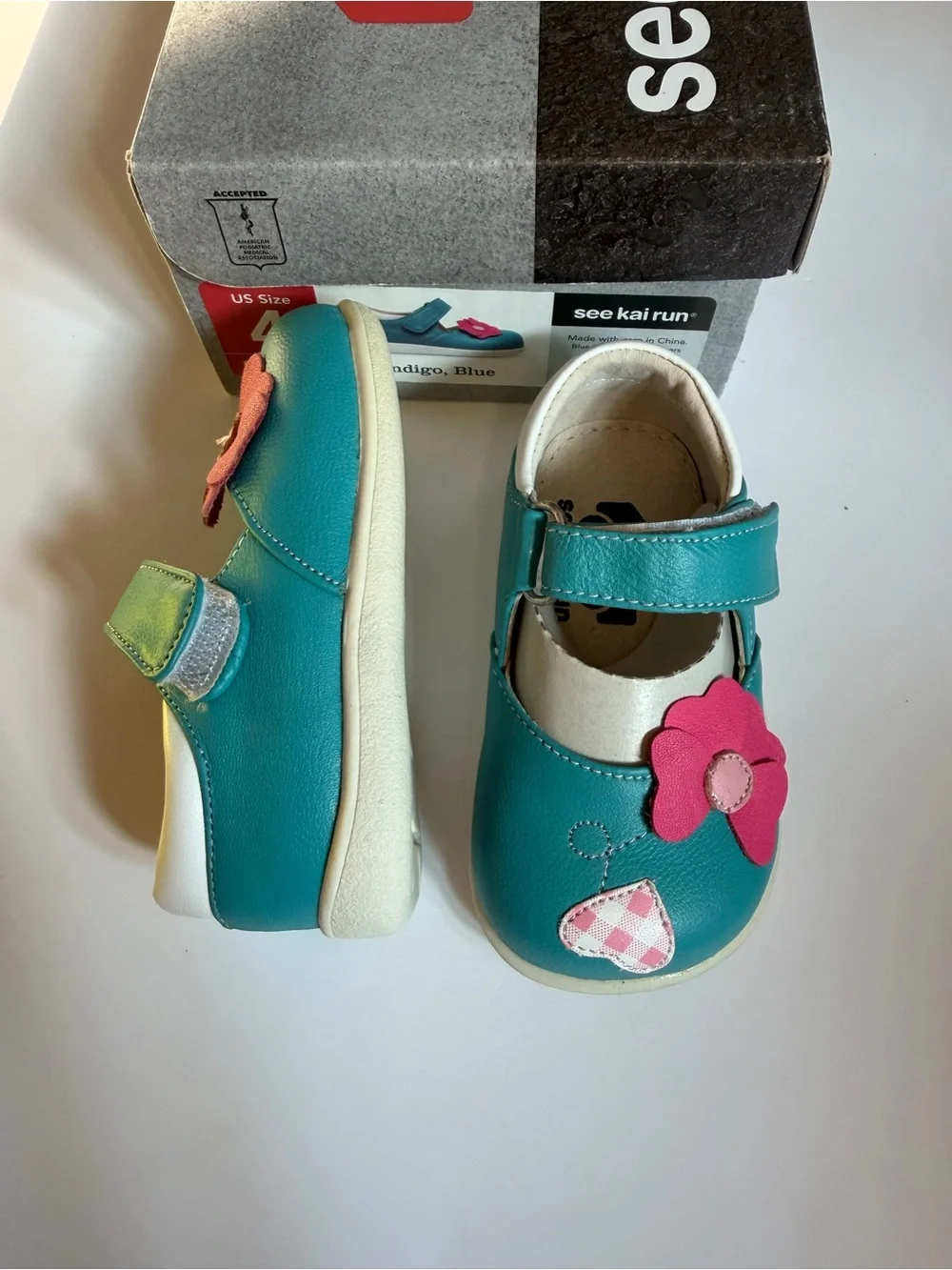 See Kai Run Teal Mary Jane Shoes with Pink Flower Accent